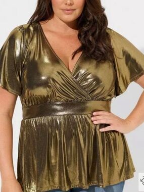 Torrid Liquid Shine Surplice Split Sleeve Peplum Gold Metallic Wrap Top 0L12 NWT